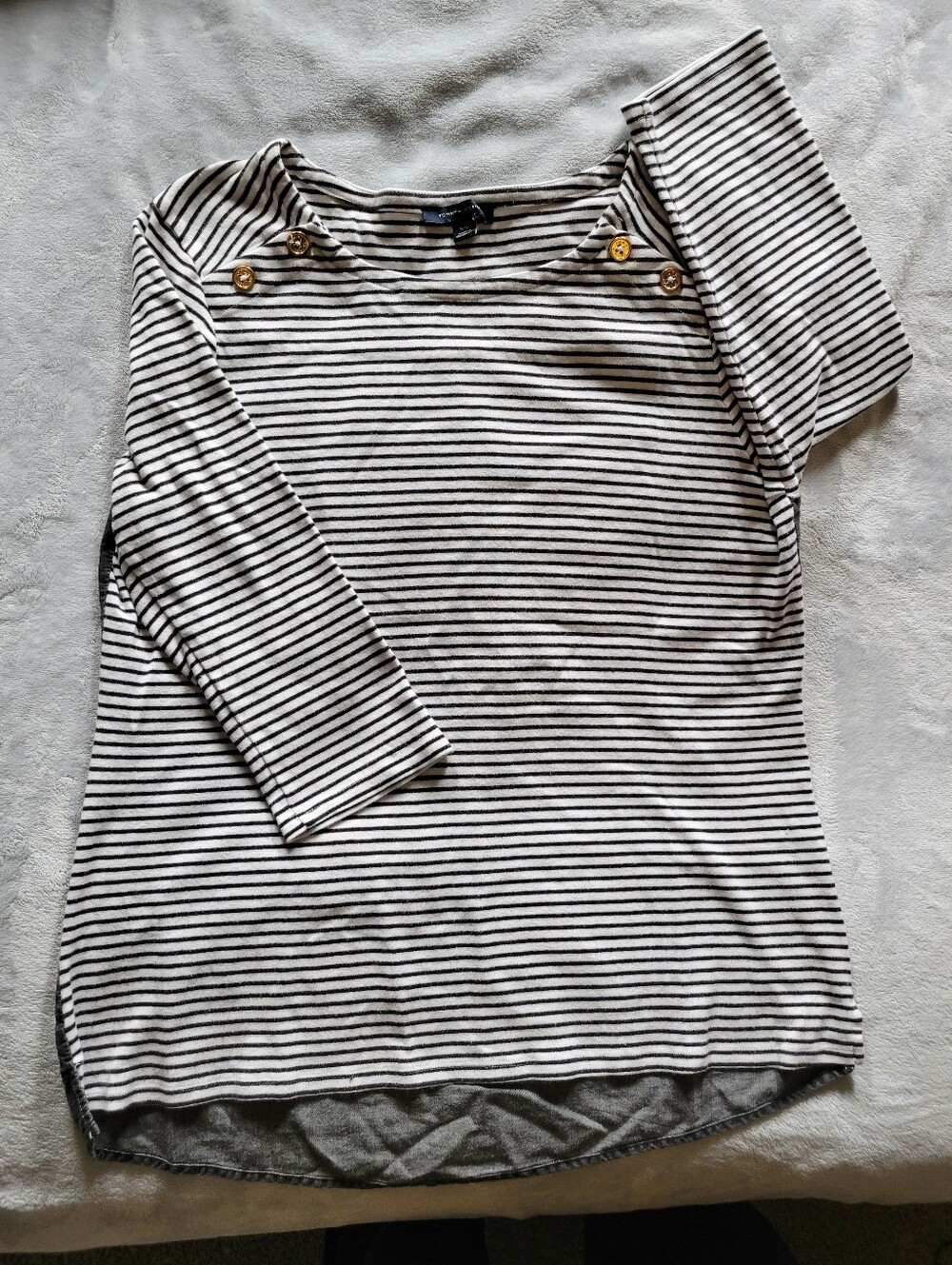 Tommy Hilfiger | White and Black Striped Boatneck Top with Gold Buttons